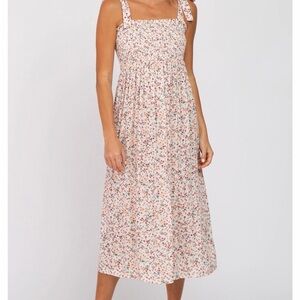PinkBlush Cream Floral Smocked Tie Strap Midi Dress